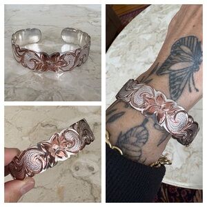 925 Sterling Silver & Copper Hawaiian Scroll Plumeria Cuff Bracelet – 32g